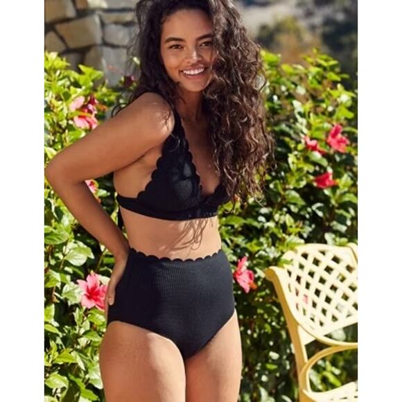aerie Other - Aerie Waffle Scalloped Tie Longline Triangle Black Bikini Top S